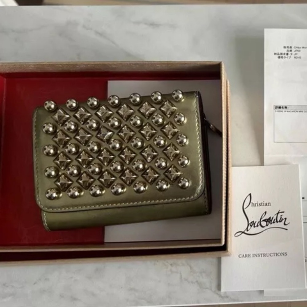 Rare Christian Louboutin Trifold Wallet Gold Enamel Leather  With Box and Bag